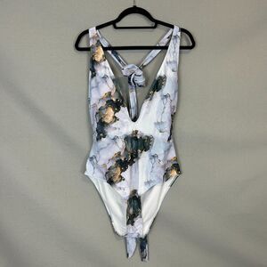 Plus Size 1XL One Piece Swimsuit Purple Marble Gold Print Deep V Tie Knot Strap